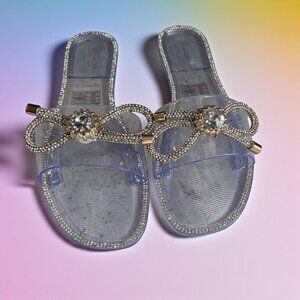 Lauren Lorraine Clear Rhinestone Bow Sandals Size 7 Glam Princess Resort Party‎